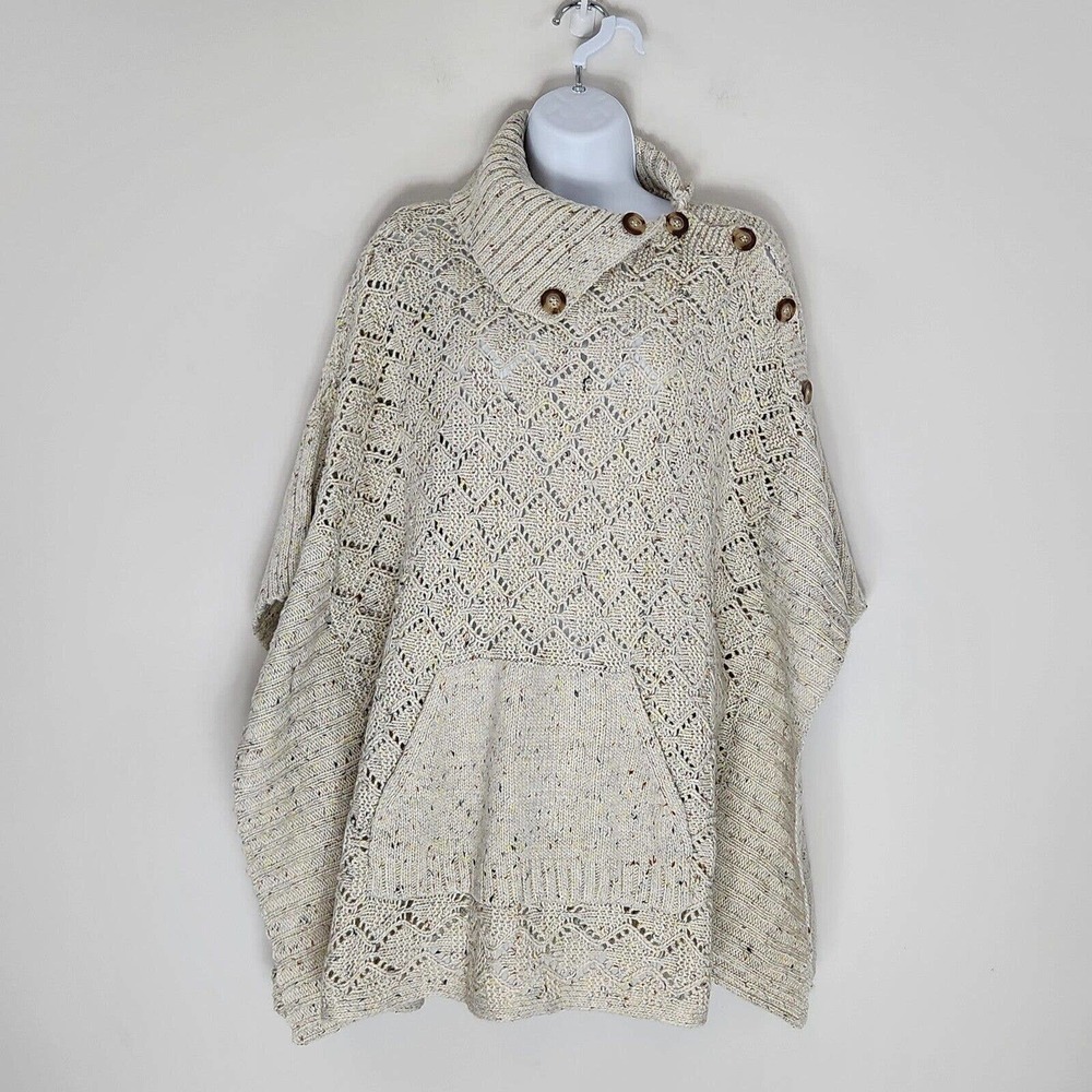 Democracy Knit Poncho Cowl Neck Pullover Kangaroo Pocket Beige Size M